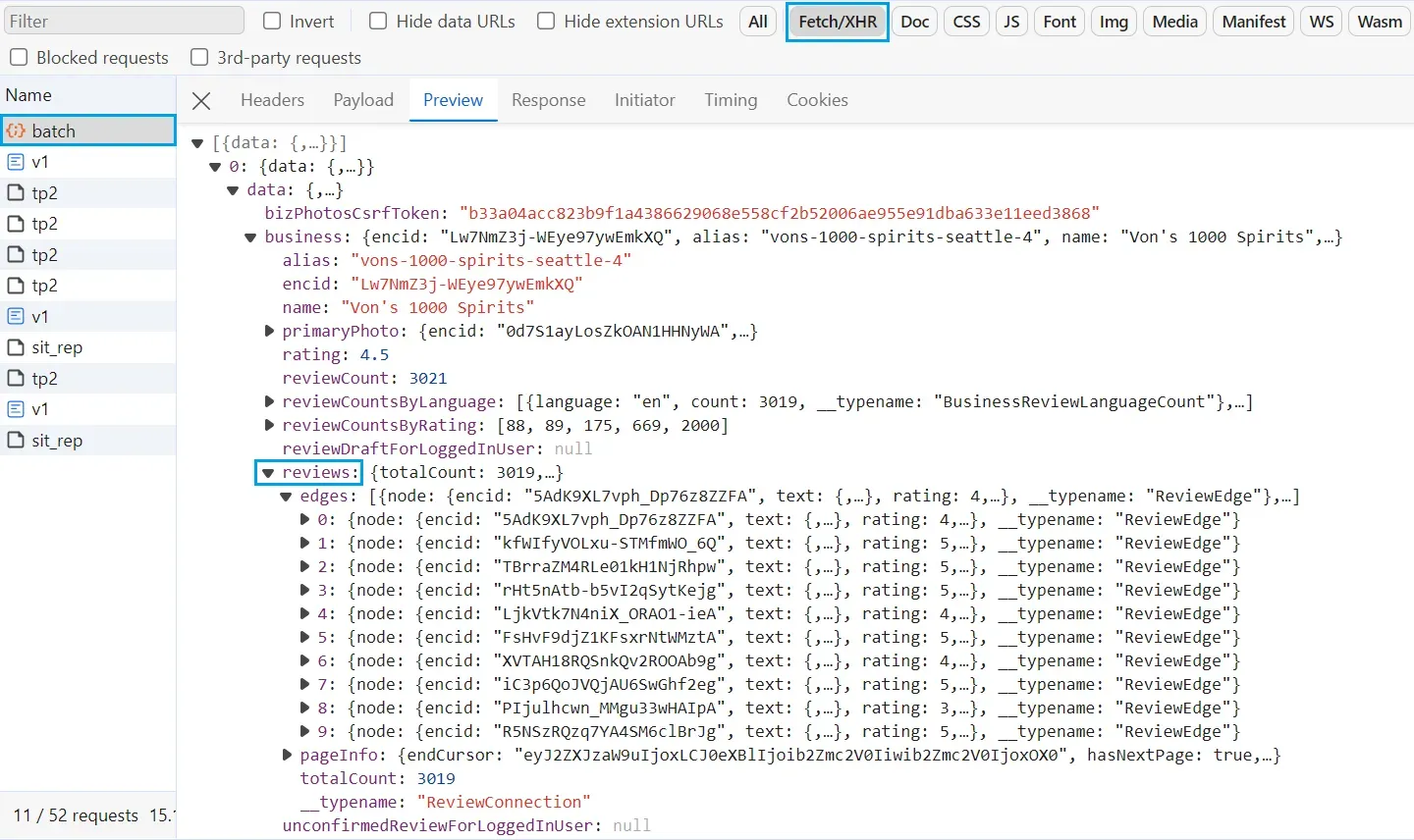 reviews API on browser developer tools