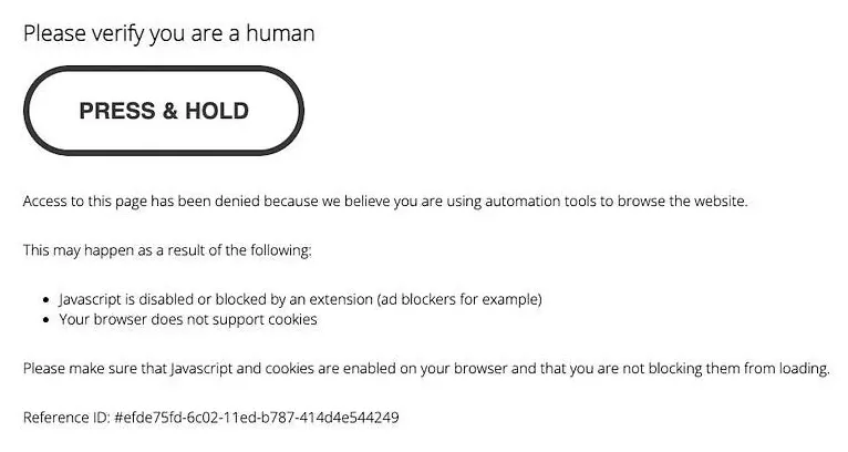 screenshot of Perimeter X Please verify you are human error
