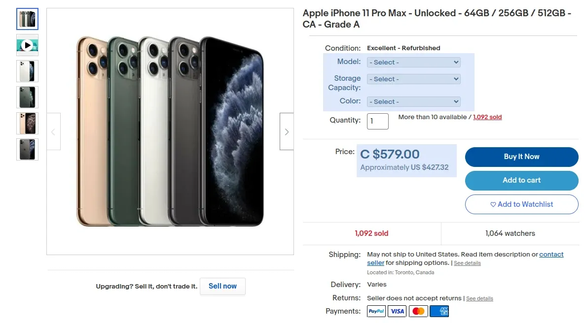 markup for ebay.com variant options