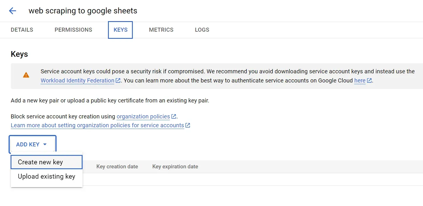 create service account key