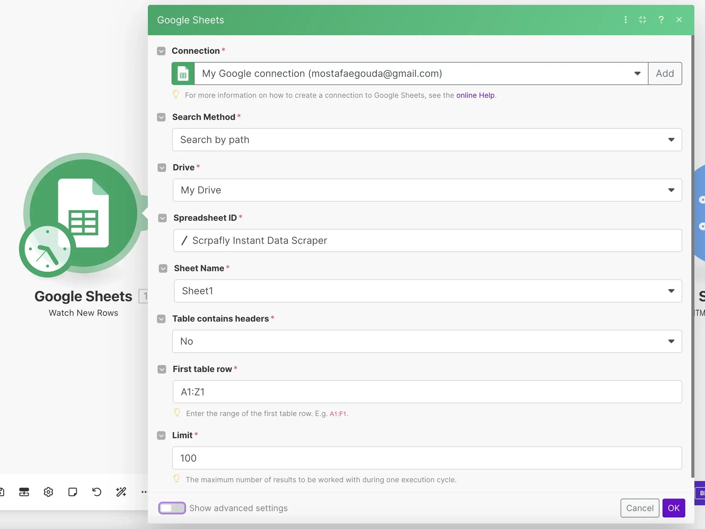 Options for the Watch new rows google sheet action in make.com