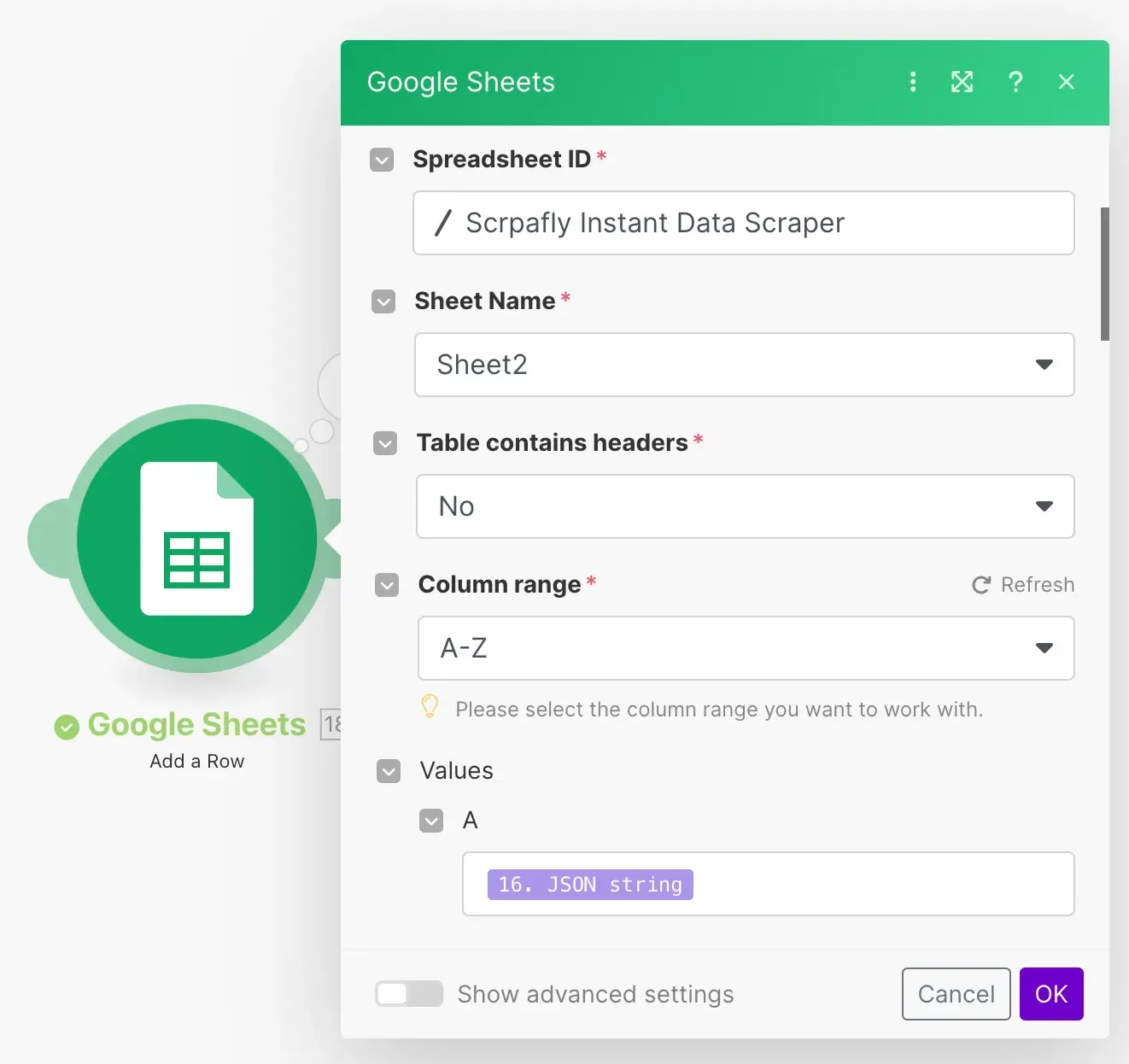 Add a row google sheets action settings