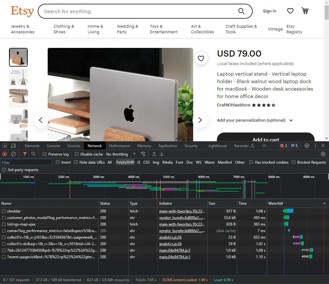 screencapture of etsy.com product page via chrome devtools