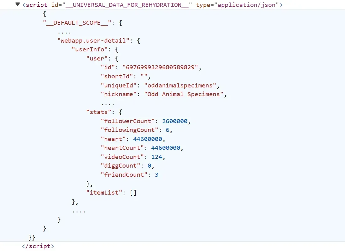 TikTok profile page source code showing script tag with JSON data