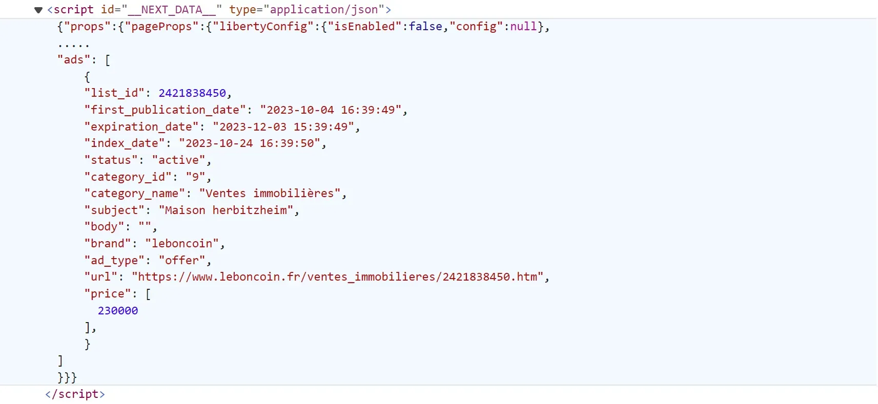 Leboncoin page source showing the __NEXT_DATA__ script tag used for hidden JSON extraction