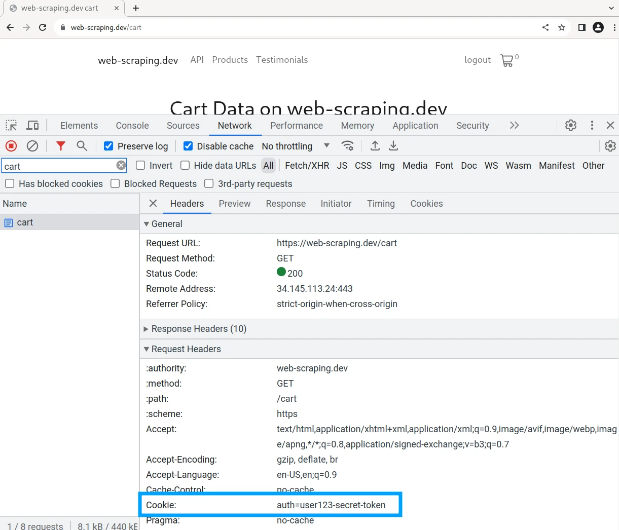 screencapture of web-scrpaing.dev sending Cookie header to all other endpoints