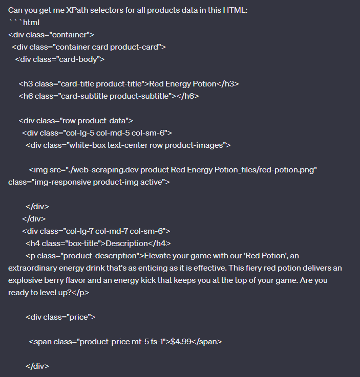 screengrab of chatgpt request for xpath selectors