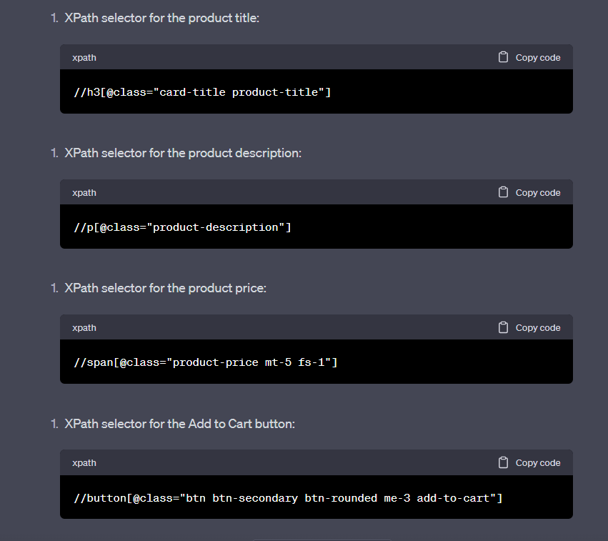 ChatGPT XPath selectors