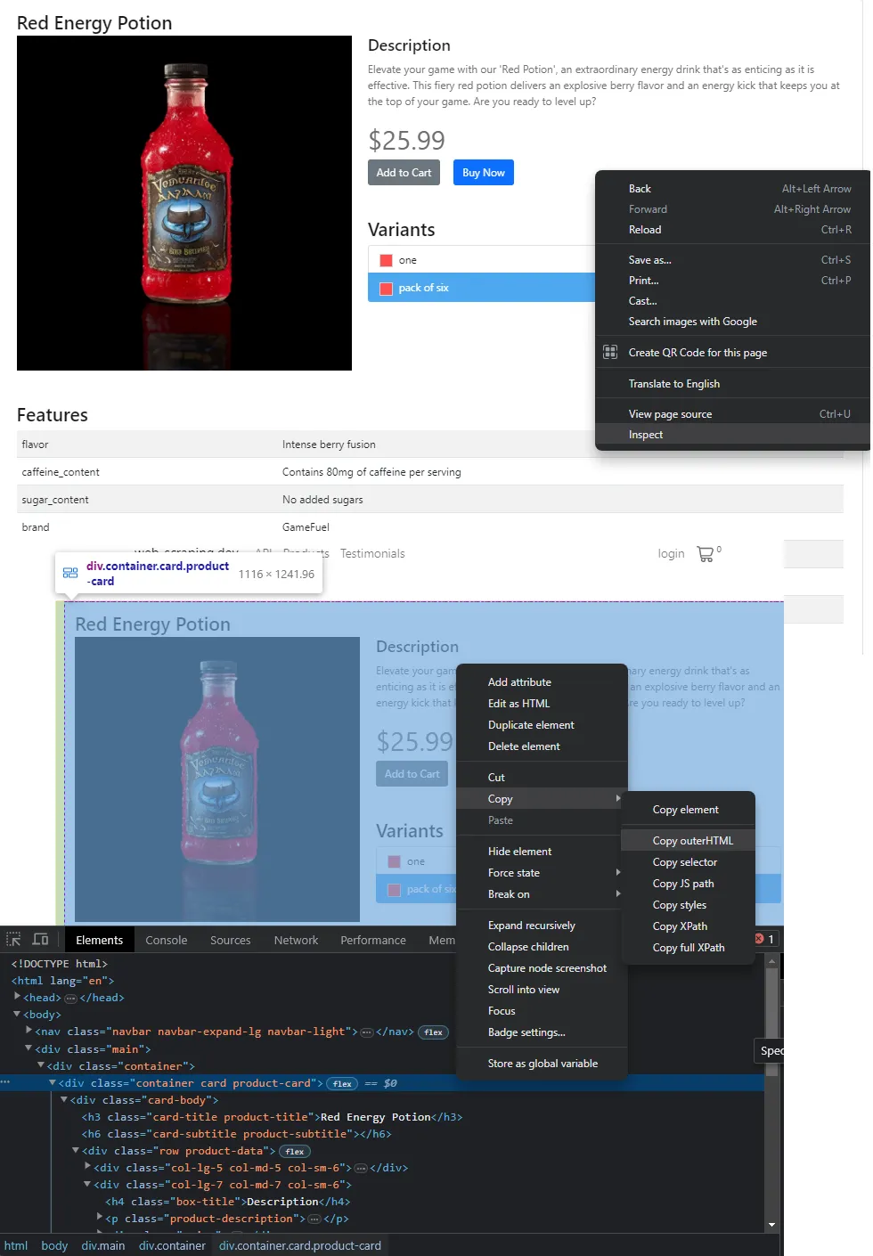 Copy HTML using browser DevTools