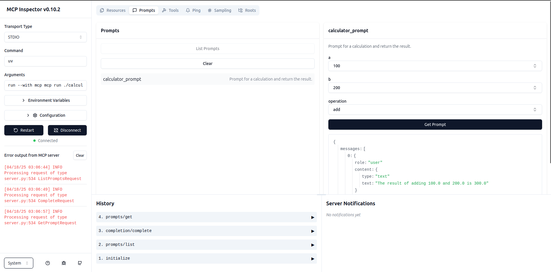 MCP development dashboard