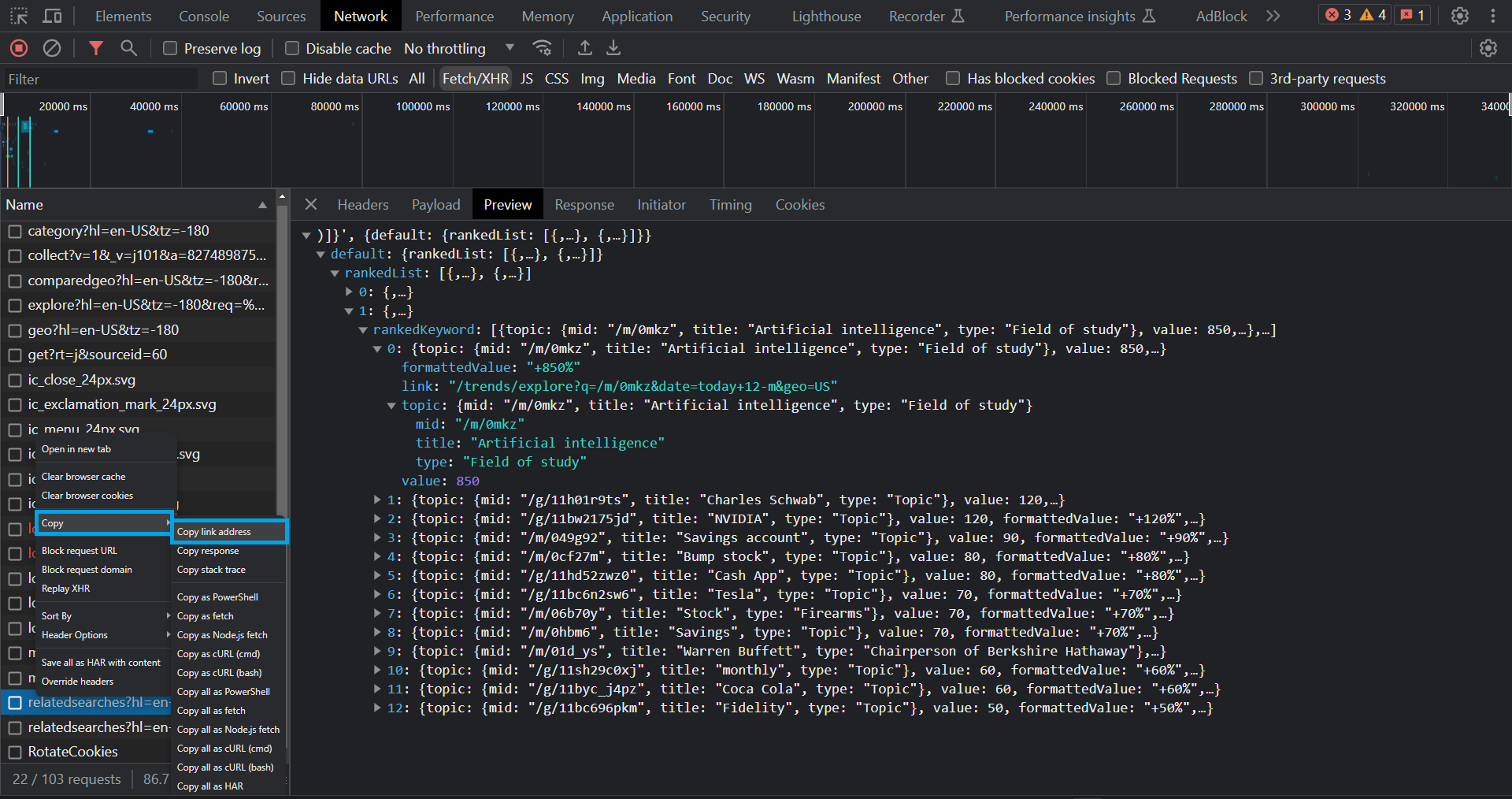 How to the Google Trends API from the browser developer tools
