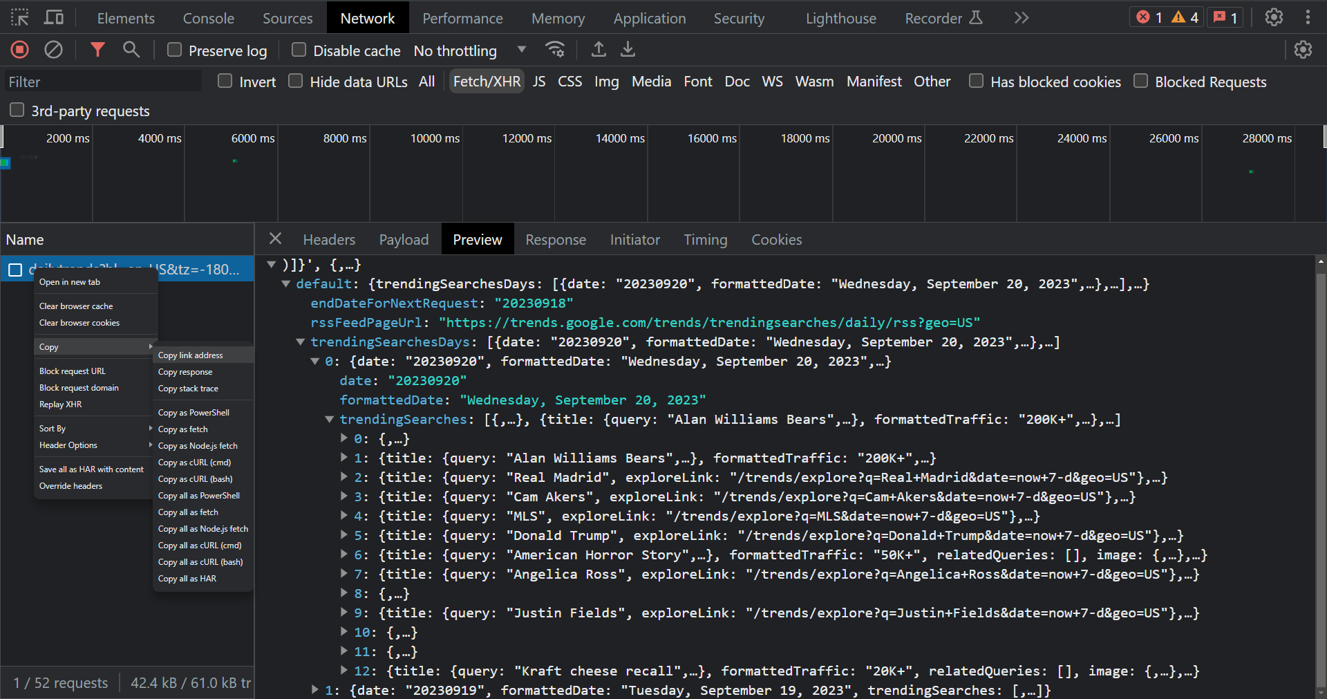 How to get the Google Trends API from the browser developer tools
