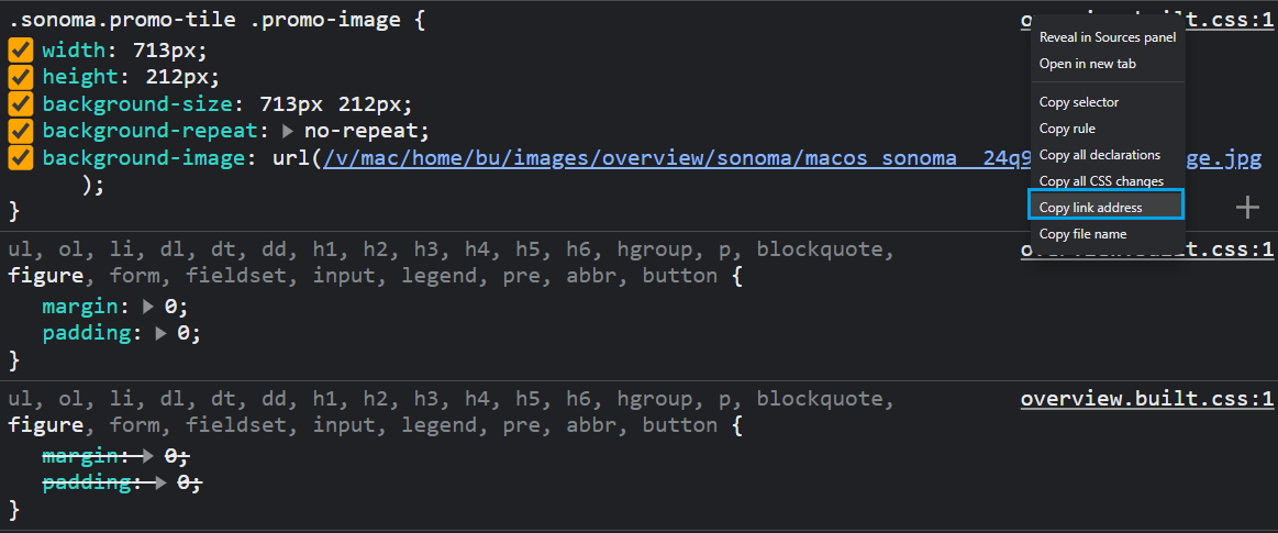 screengrab of Chrome devtools use to copy background links