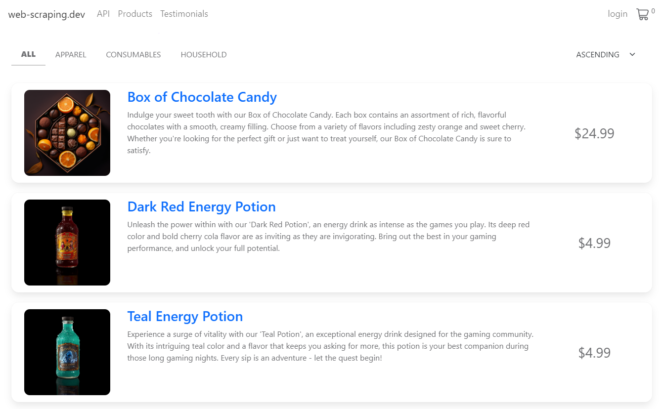 screencapture of products display for scraping